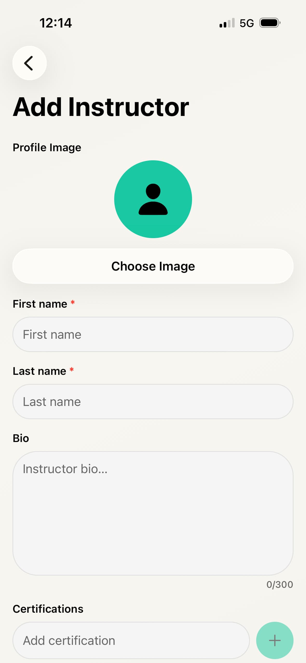 FlexDropin app: adding an instructor with name, photo and certifications