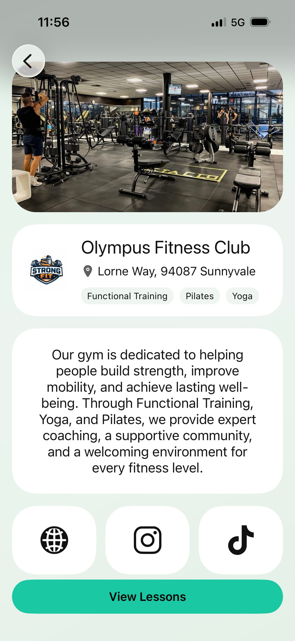 FlexDropin app: public profile page of a partner venue