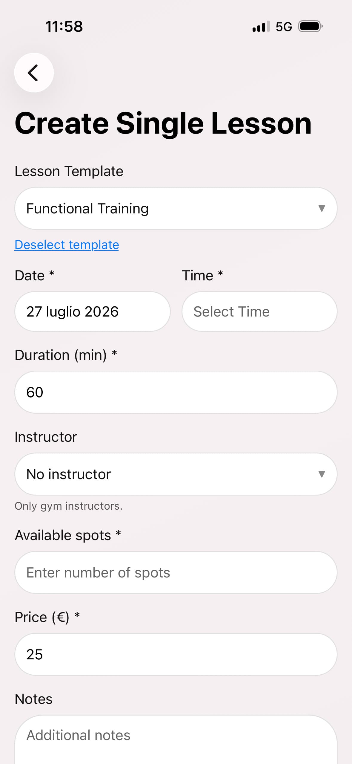 FlexDropin app: creating a single class with date, time, available spots and price