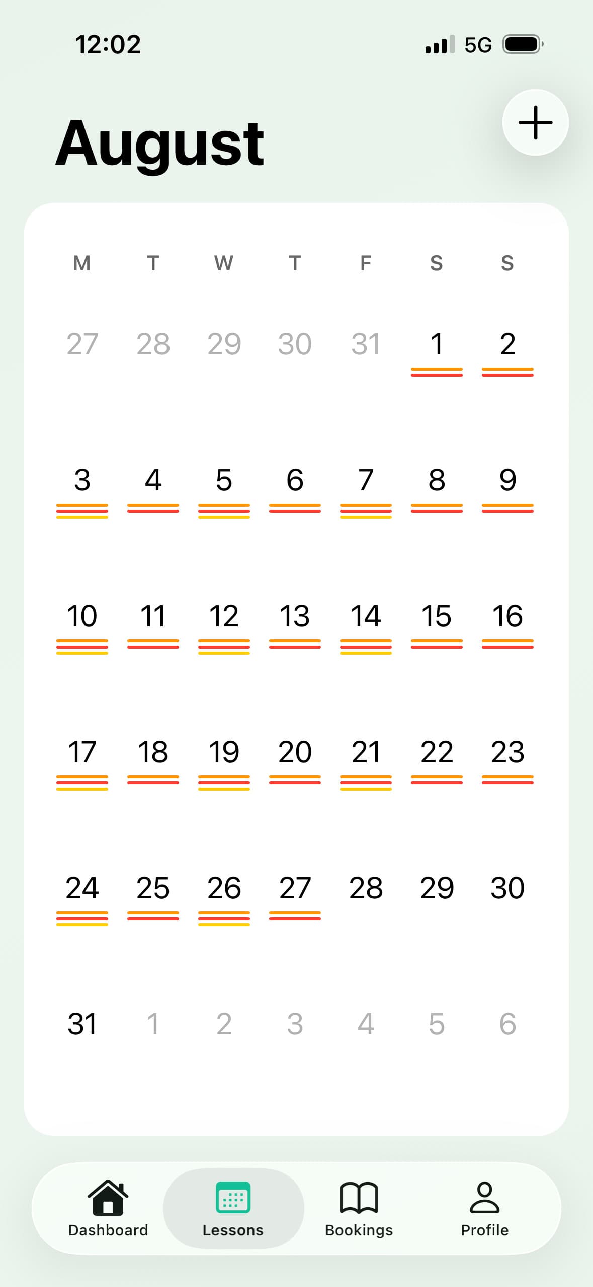 FlexDropin app: monthly calendar with all scheduled classes