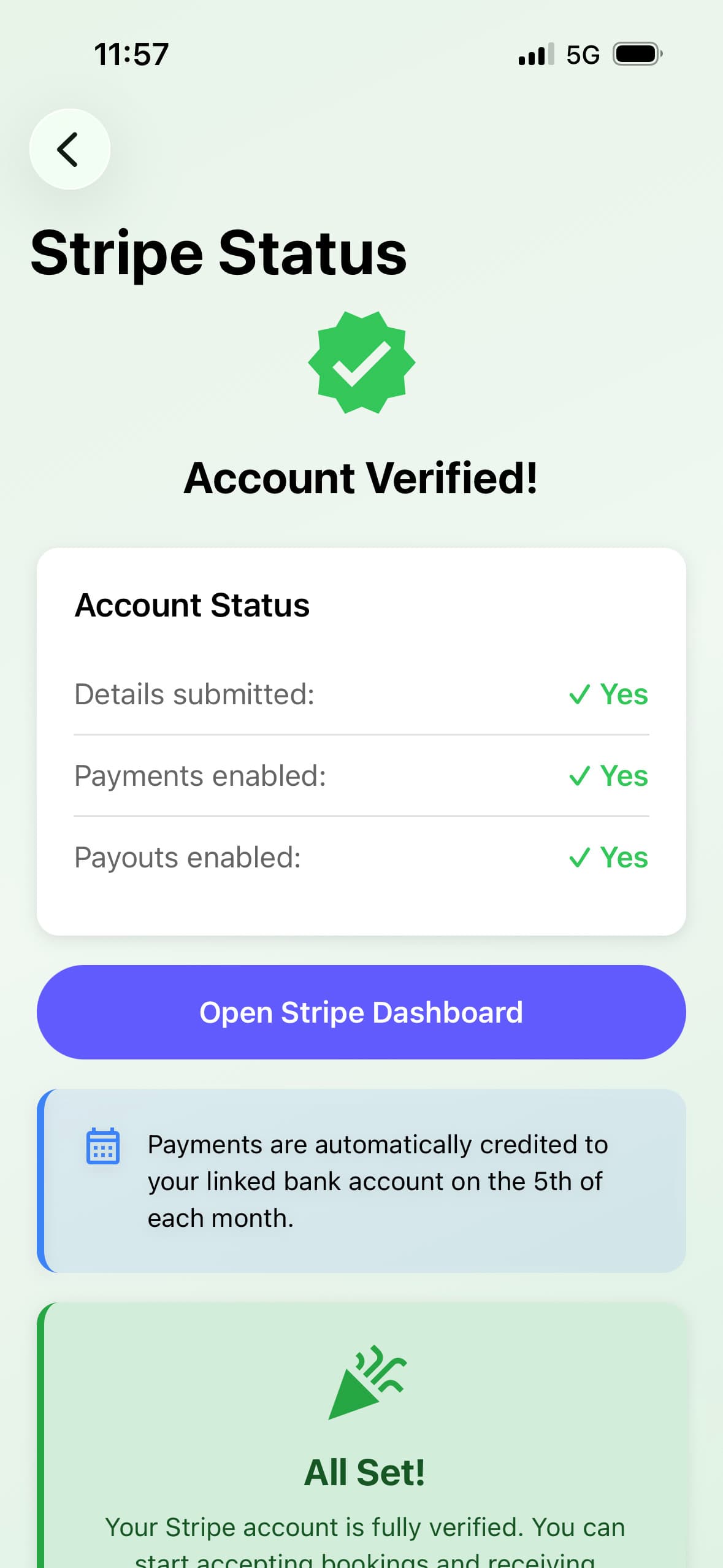 FlexDropin app: Stripe screen showing verified account with payments enabled