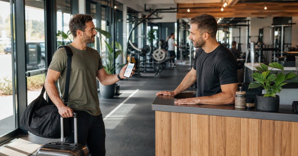 Tourist entering the gym showing a day pass on their phone to the manager.