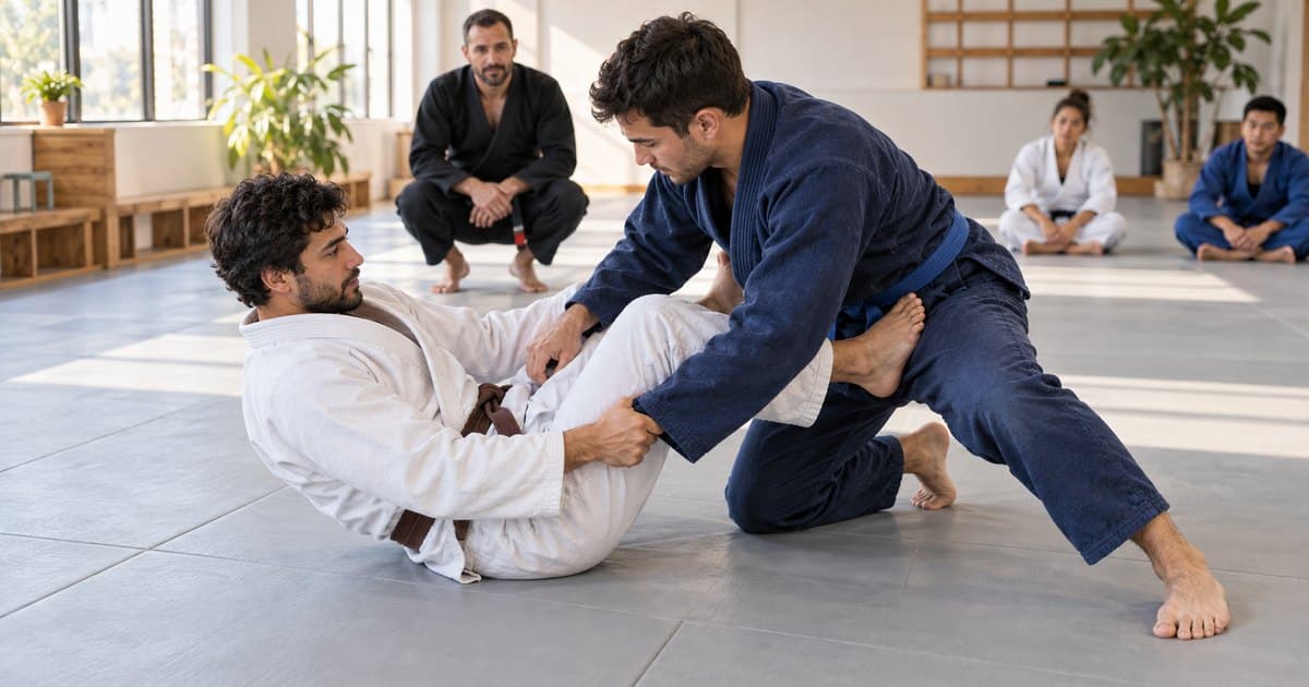 Two athletes in gis during a Brazilian jiu-jitsu class on the mats.