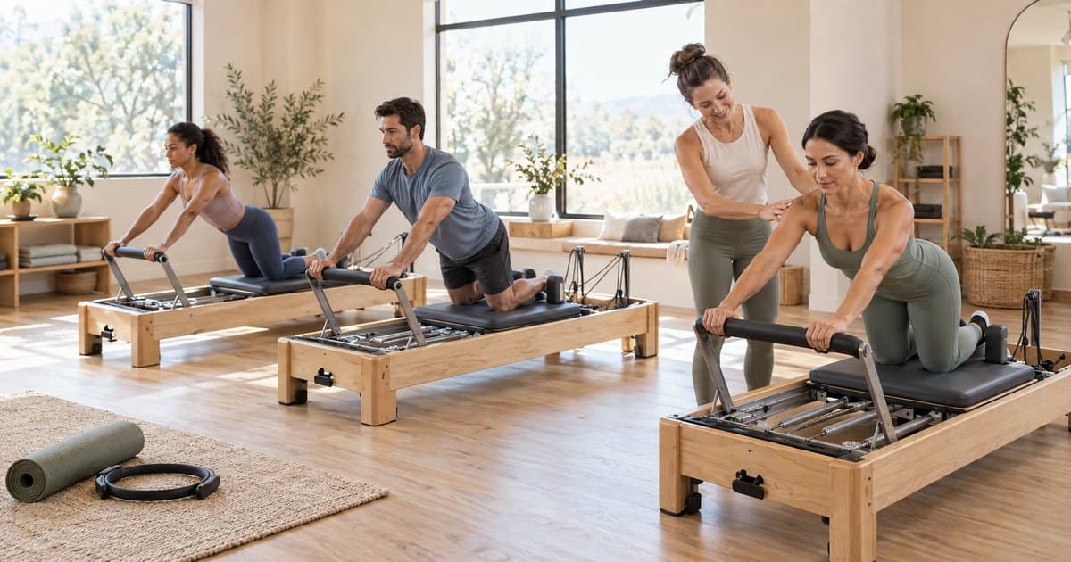 Small-group reformer Pilates class in a bright studio.