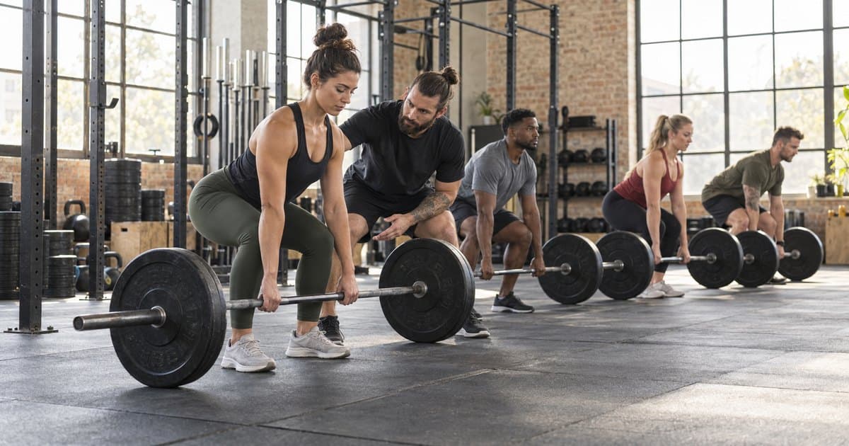 CrossFit box with barbells and rig during a group class.