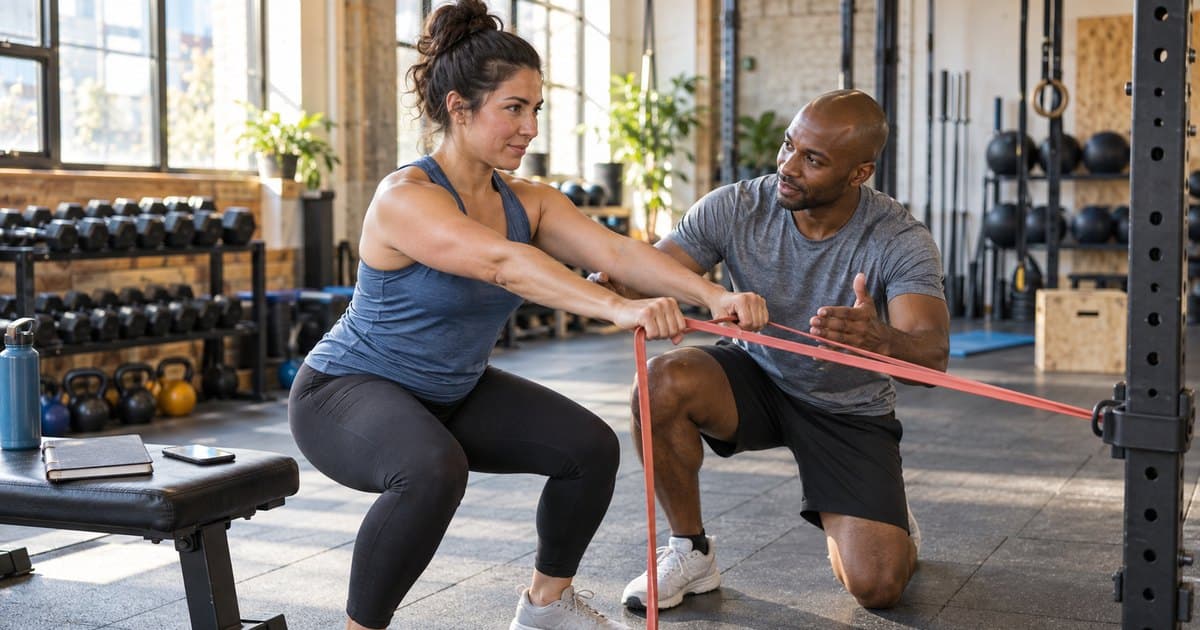 Personal trainer coaching a client during a gym session.