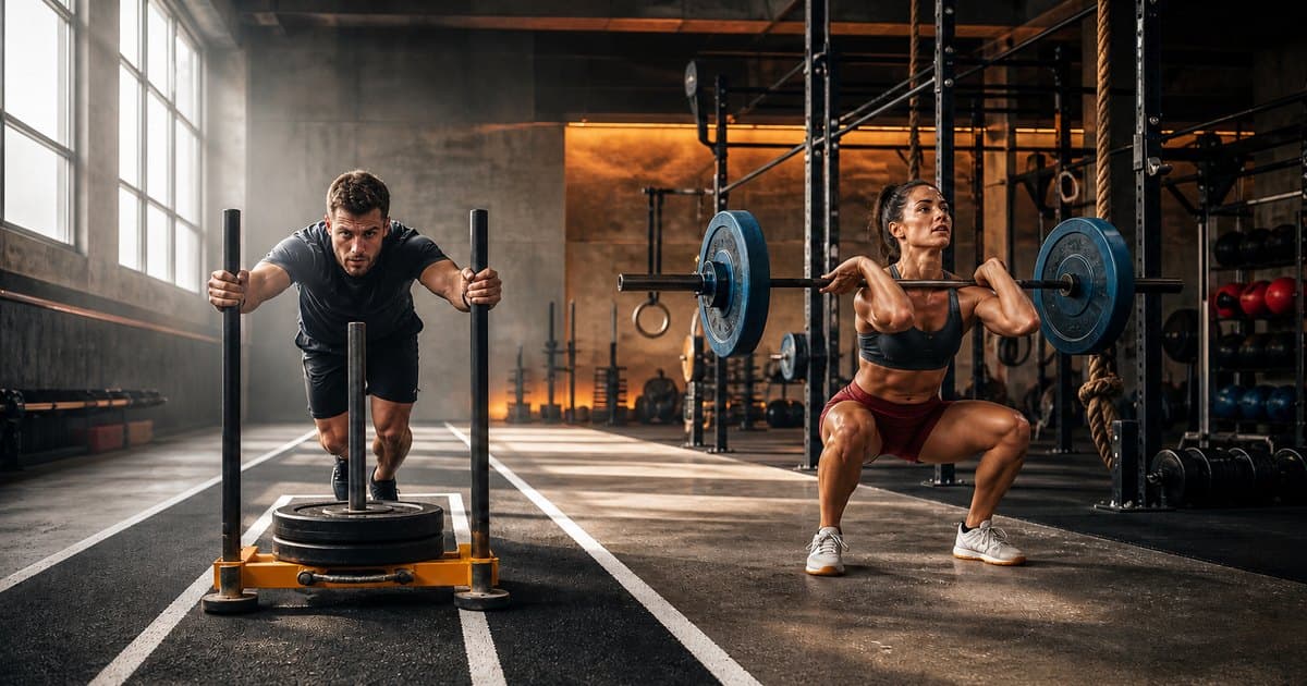 Athlete lifting a barbell (CrossFit) compared to an athlete pushing a sled (HYROX).