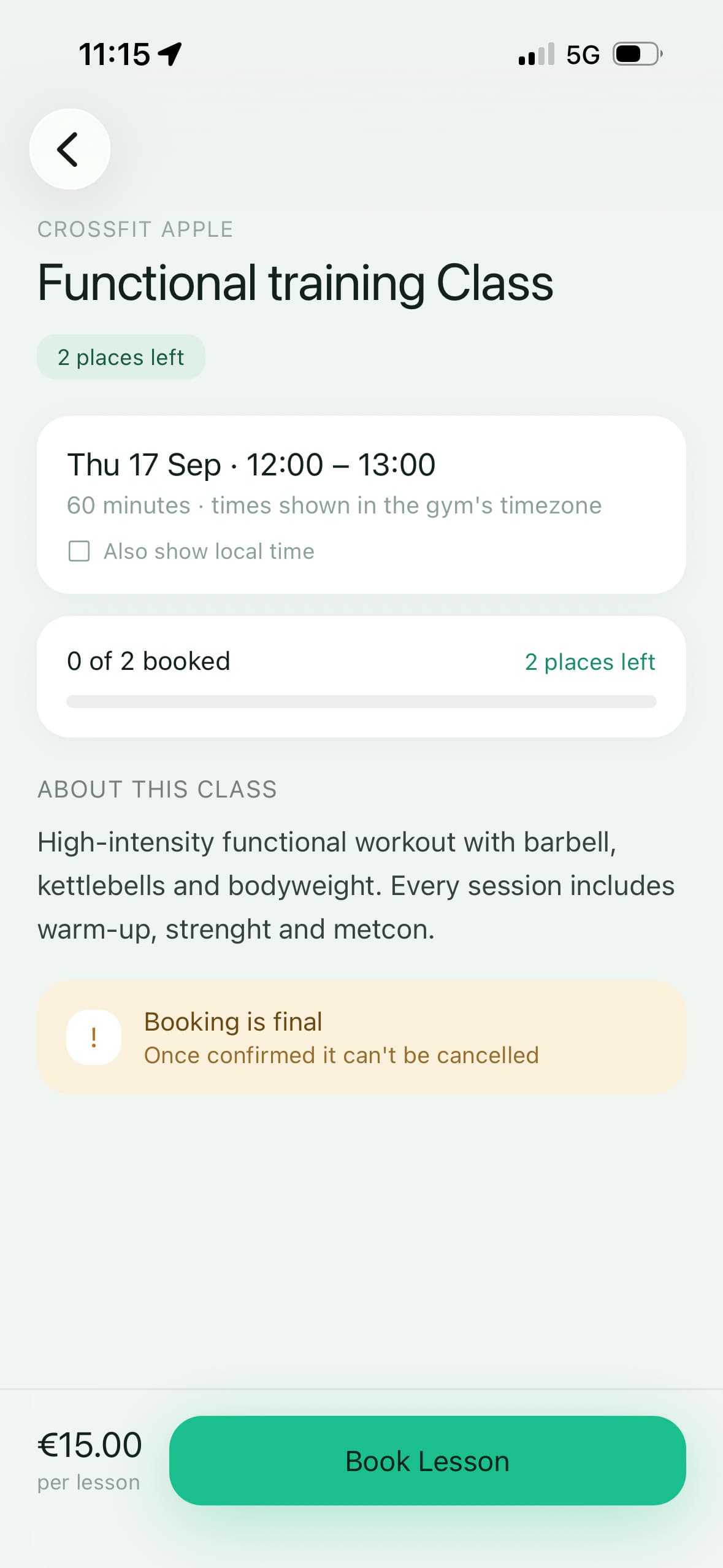 App screenshot: class detail