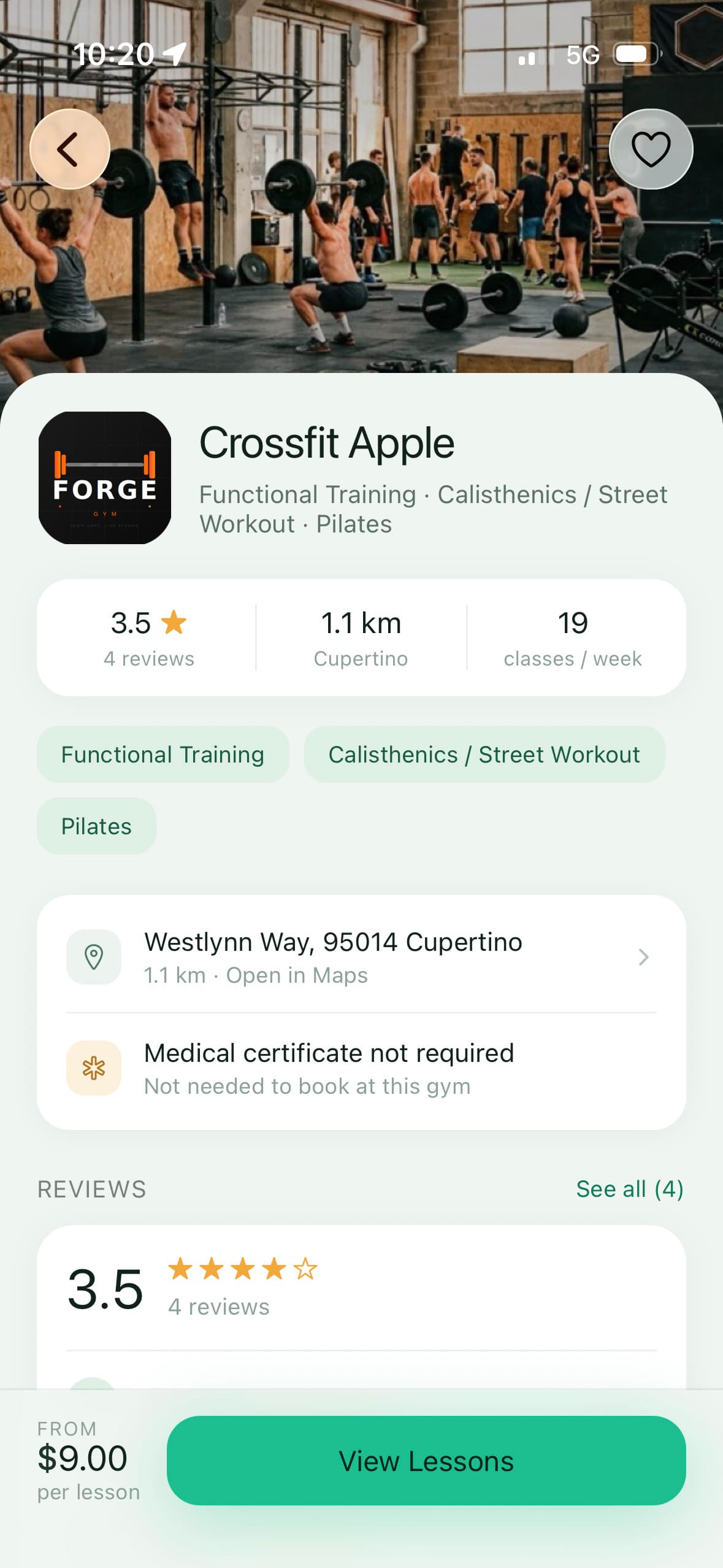 FlexDropin app: public profile page of a partner venue