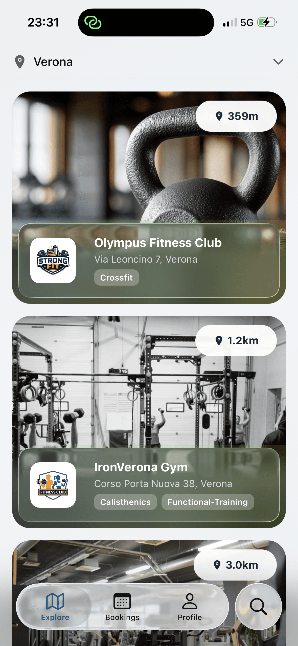 App FlexDropin: schermata di esplorazione delle palestre vicino a te