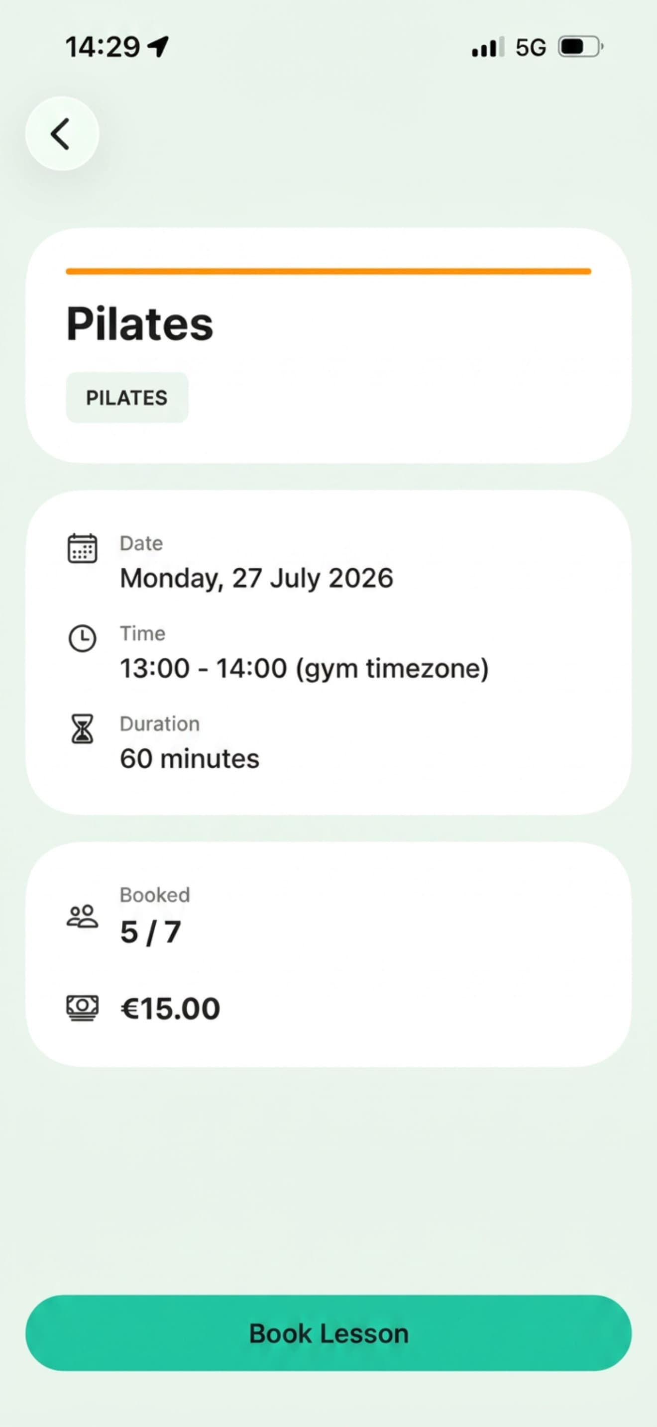 FlexDropin app: drop-in class detail