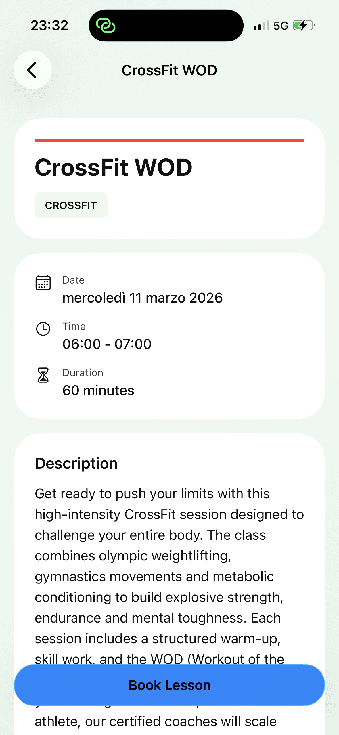 App FlexDropin: dettaglio di una lezione drop-in