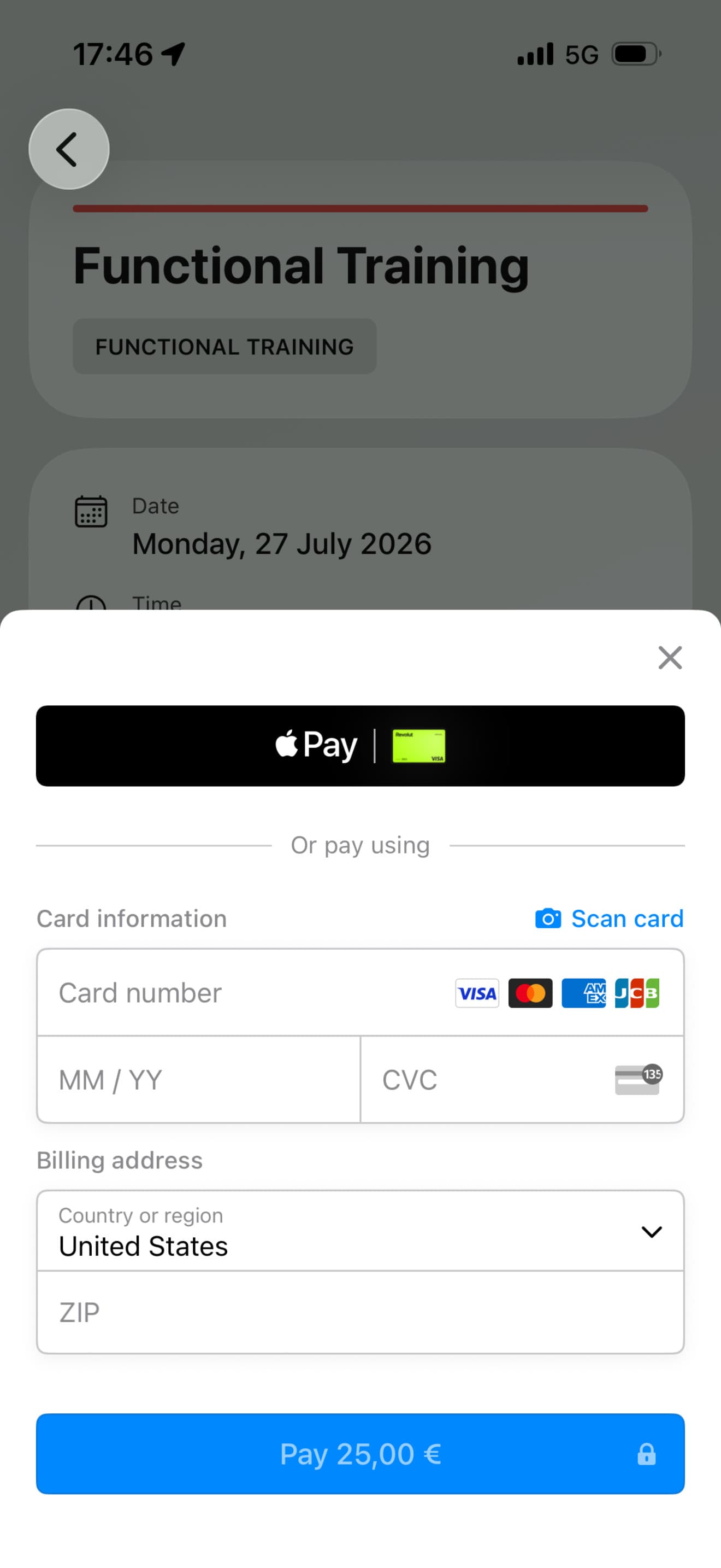 FlexDropin app payment screen for booking a class with Apple Pay or credit card checkout options.