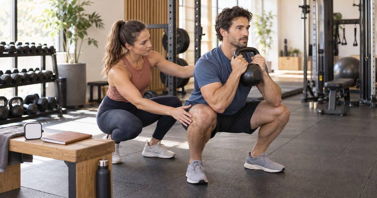 Personal trainer coaching a client through an exercise in a gym.
