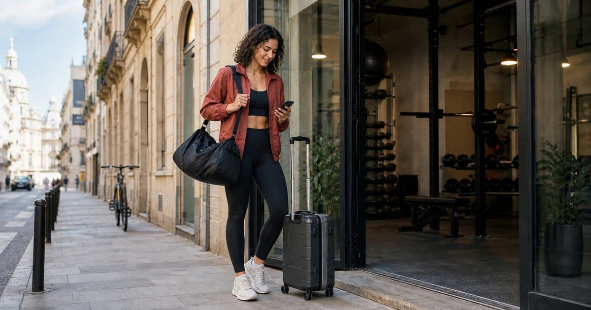Viaggiatore d'affari che prenota una palestra locale tramite smartphone